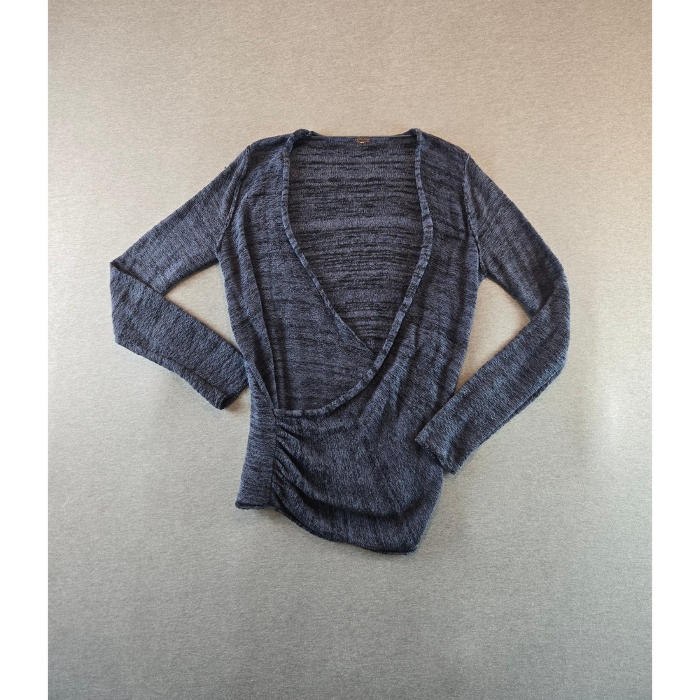 Free People Maia Wrap Sweater Women L Navy Blue Space Dye Cotton Linen Ruched